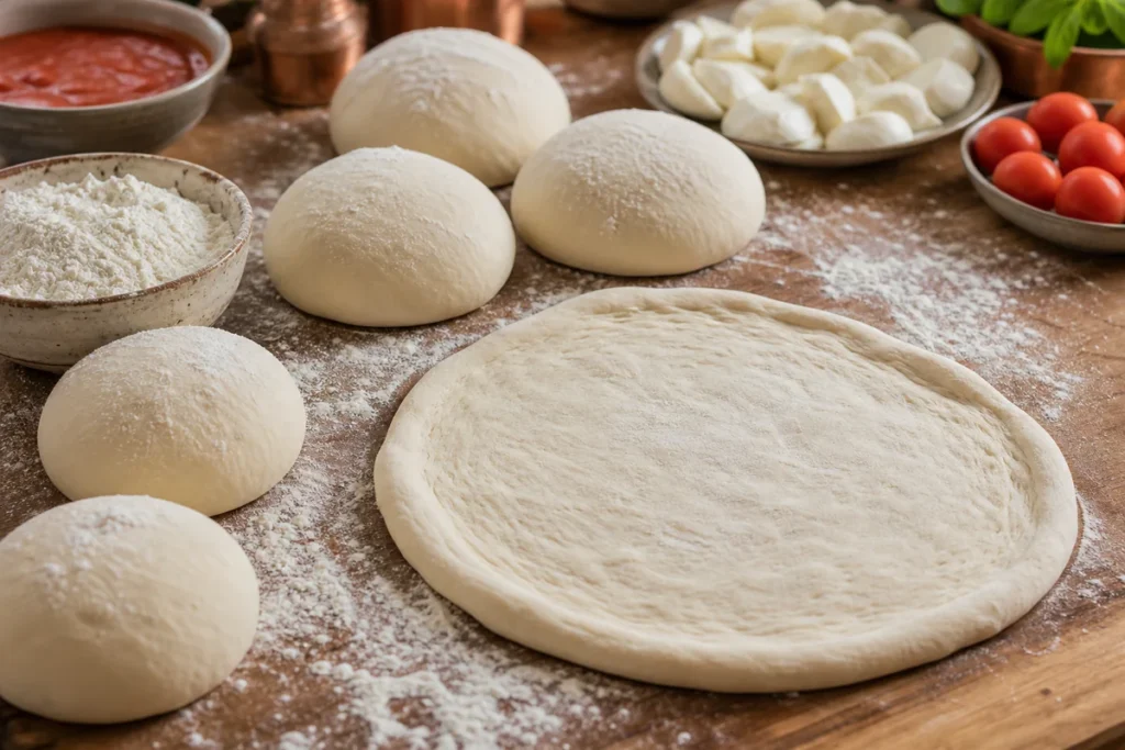 Pâtons de pâte à pizza en maturation sur un plan de travail fariné